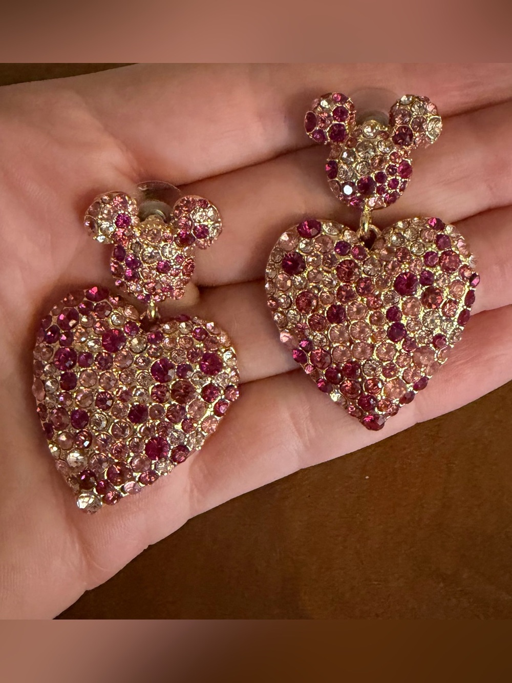 BaubleBar Mickey Mouse Pink Crystal Heart Drop Earrings